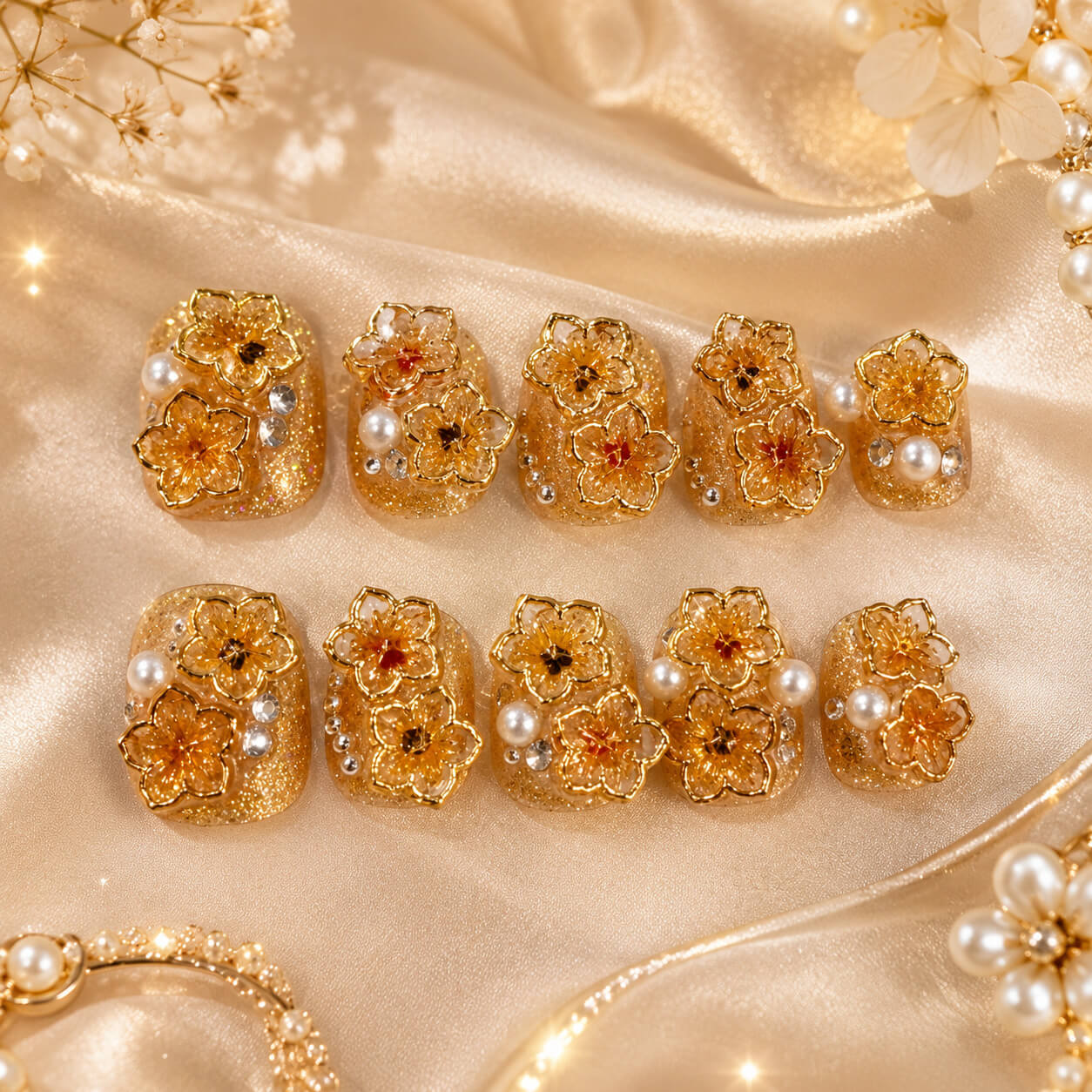 Golden Blossom Reverie ｜ Handcrafted Couture Press-On Nails