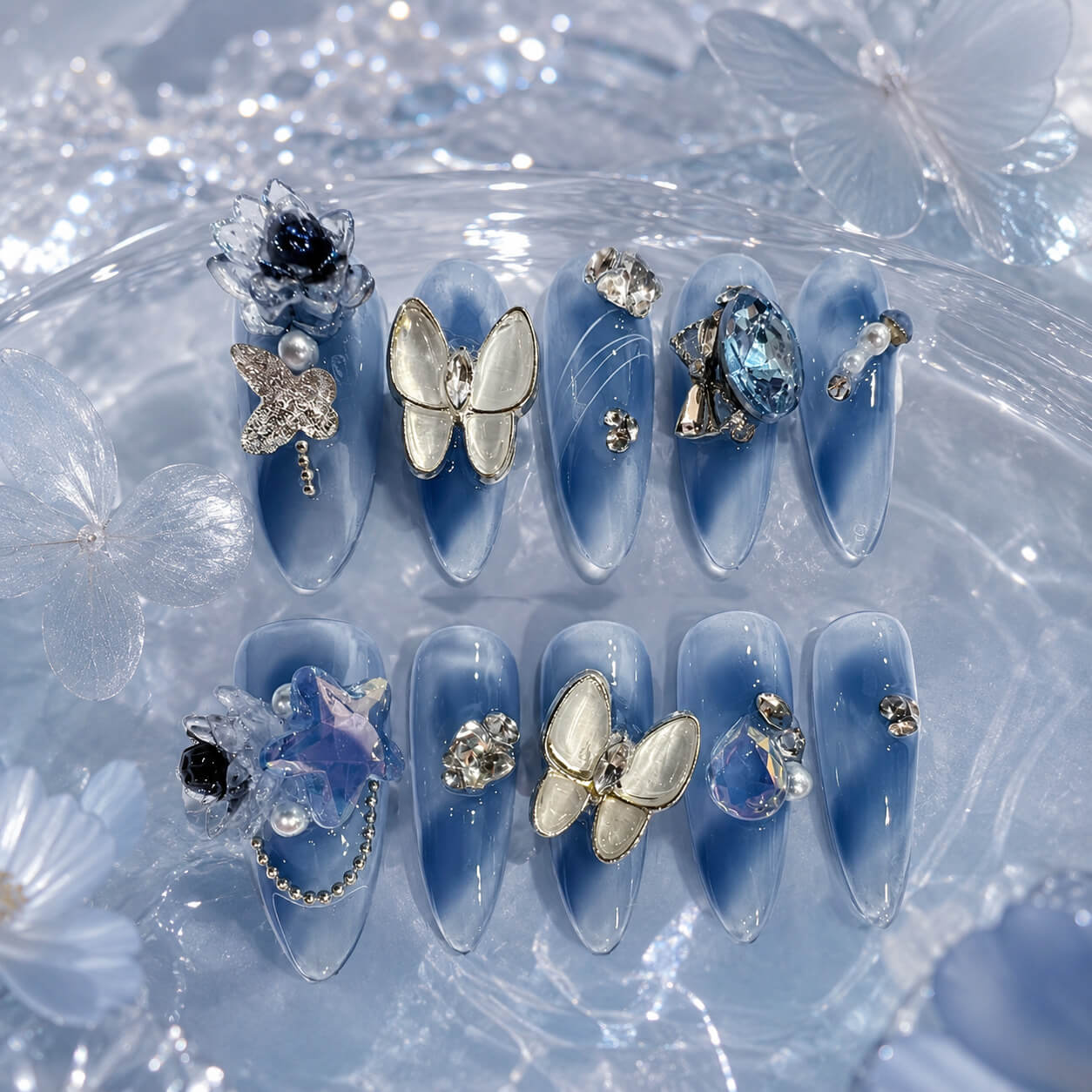 Azure Butterfly Waltz ｜ Handcrafted Couture Press-On Nails