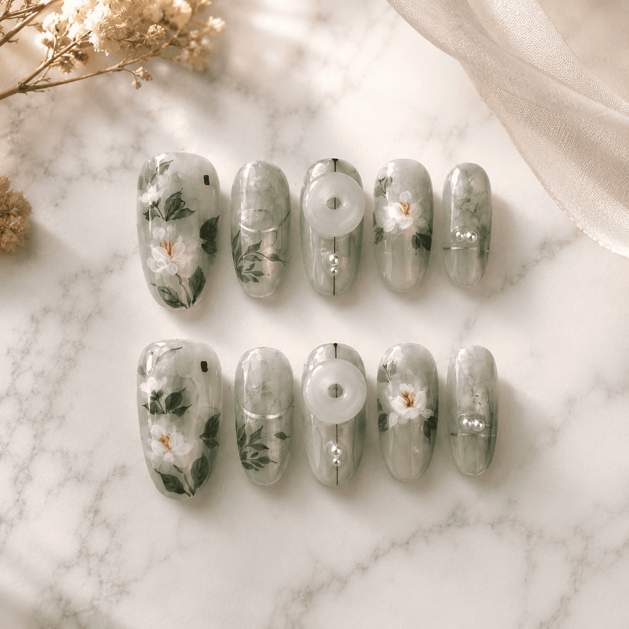 Misty Jade Garden ｜ Handcrafted Couture Press-On Nails