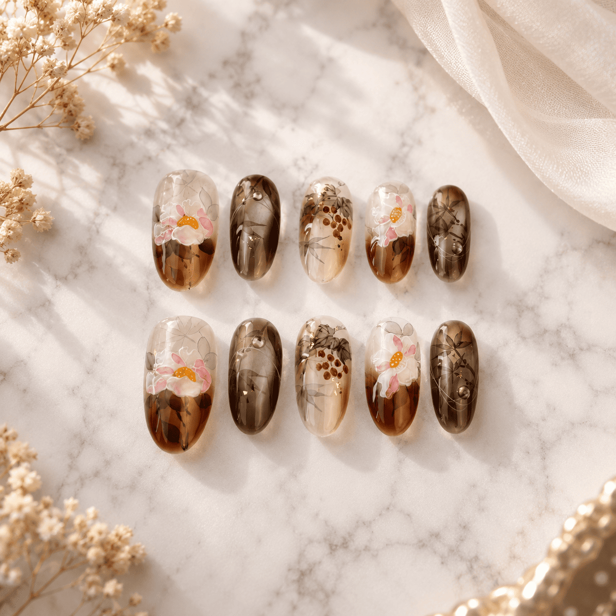 Amber Blossom ｜ Handcrafted Couture Press-On Nails