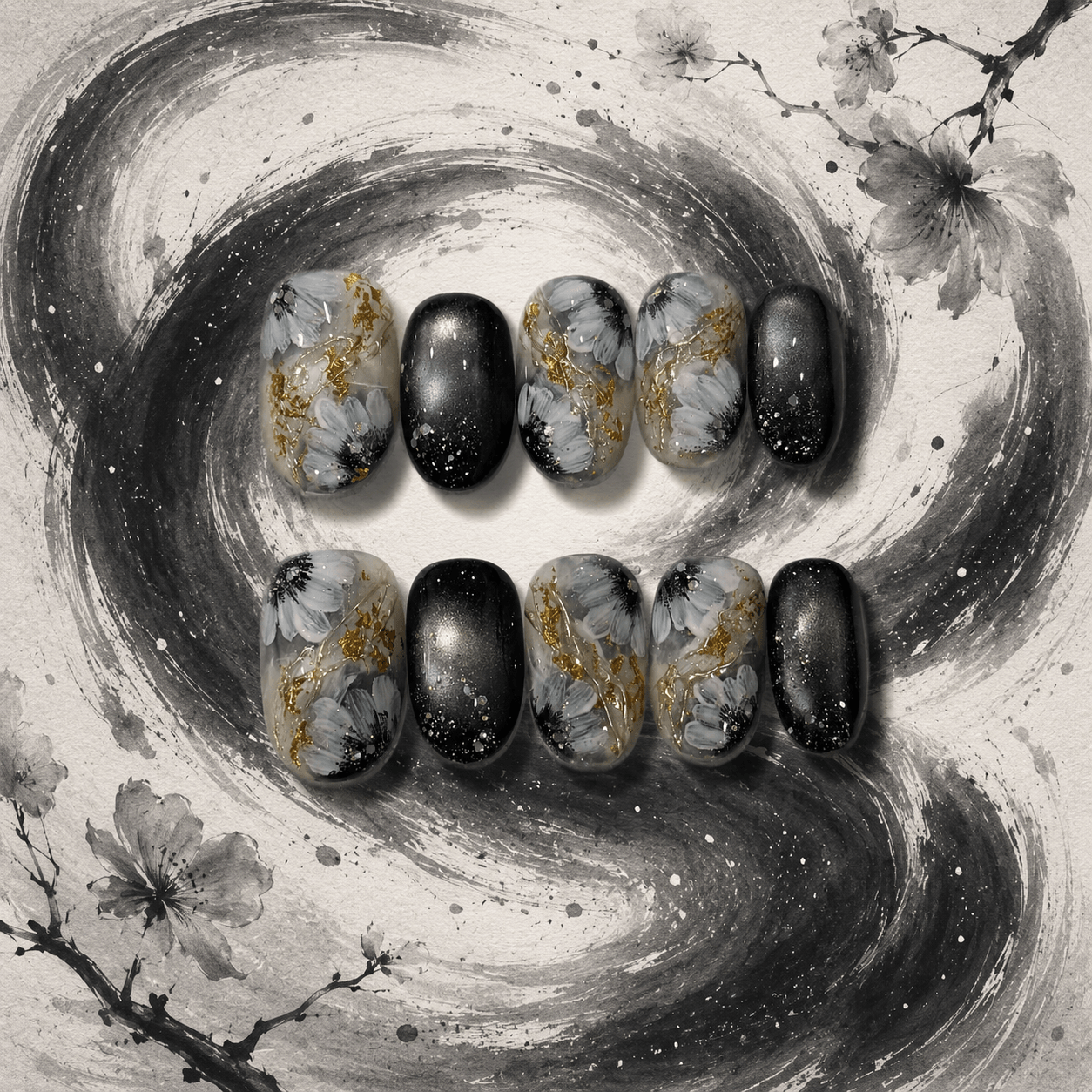 Ink Blossom Nocturne｜Handcrafted Luxury Press-On Nails