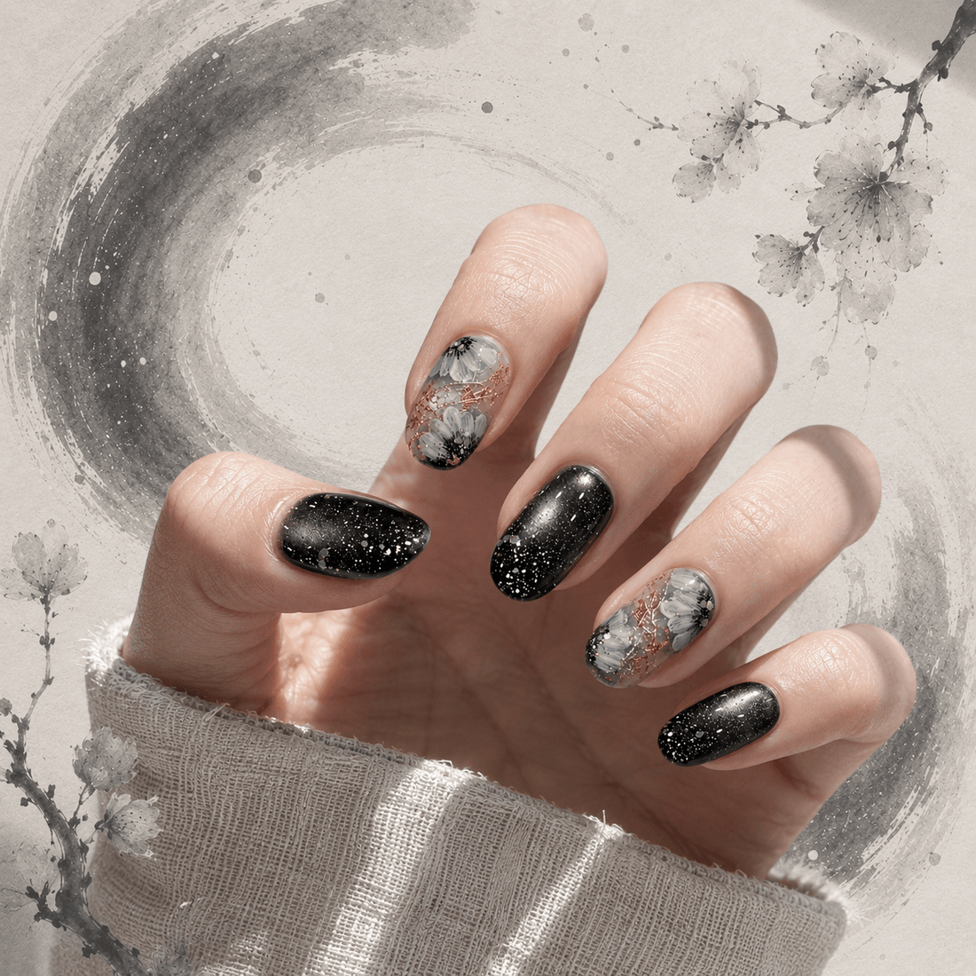 Ink Blossom Nocturne｜Handcrafted Luxury Press-On Nails